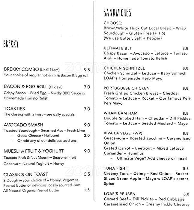 Loaf Sandwiches Menu, Menu for Loaf Sandwiches, Cronulla, Sydney