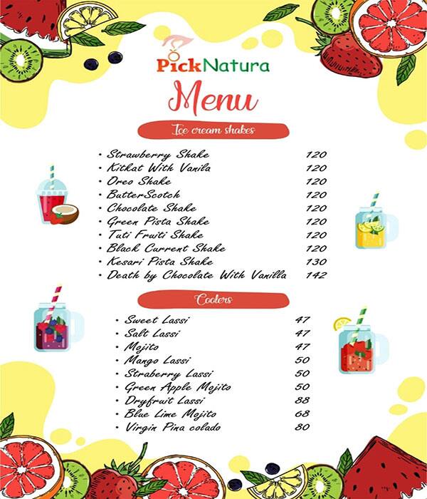 Menu of Pick Natura, Marathahalli, Bangalore