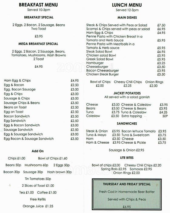 Menu at Victory Cafe, London, 54 Eversholt St