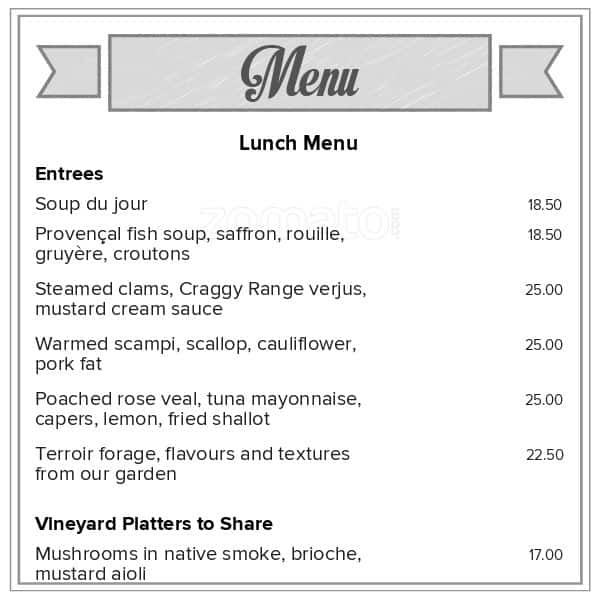 Menu at Terroir Restaurant at Craggy Range, New Zealand