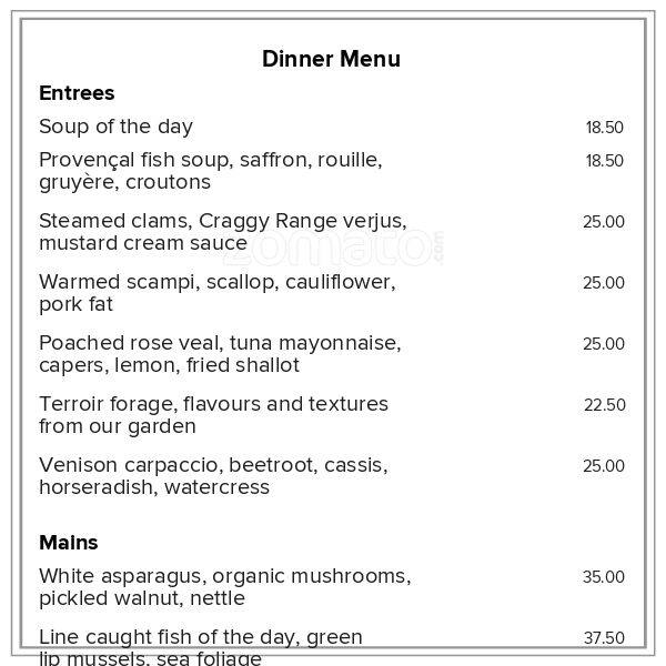 Menu at Terroir Restaurant at Craggy Range, New Zealand