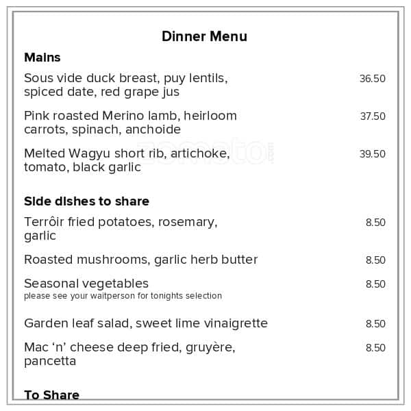 Menu at Terroir Restaurant at Craggy Range, New Zealand