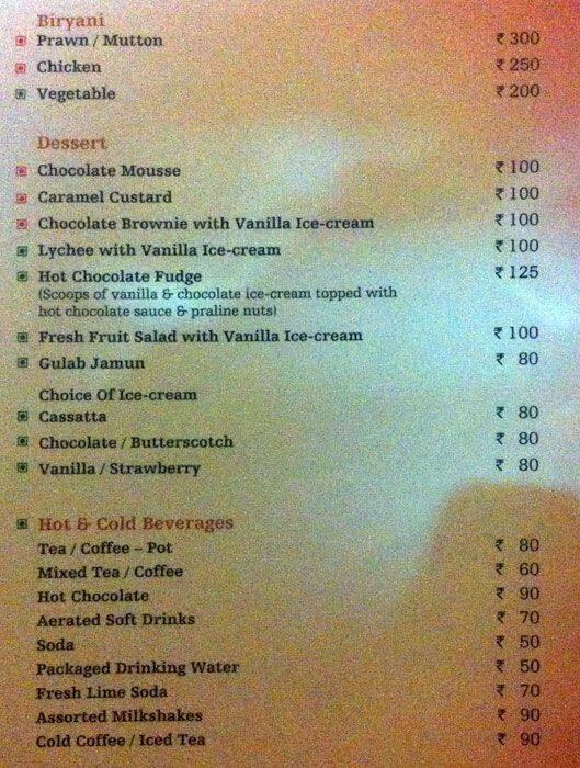 Menu at Regency, Kochi, Abad Plaza