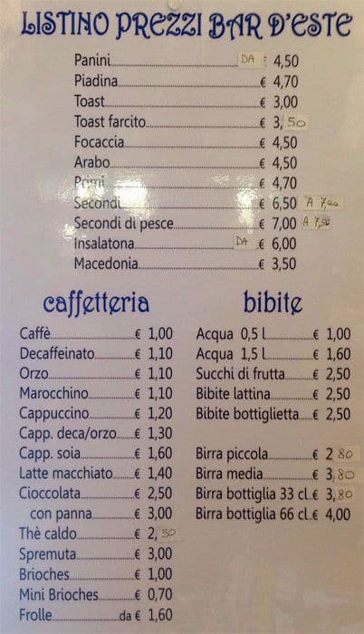 Menu di Bar Tabacchi d'Este 