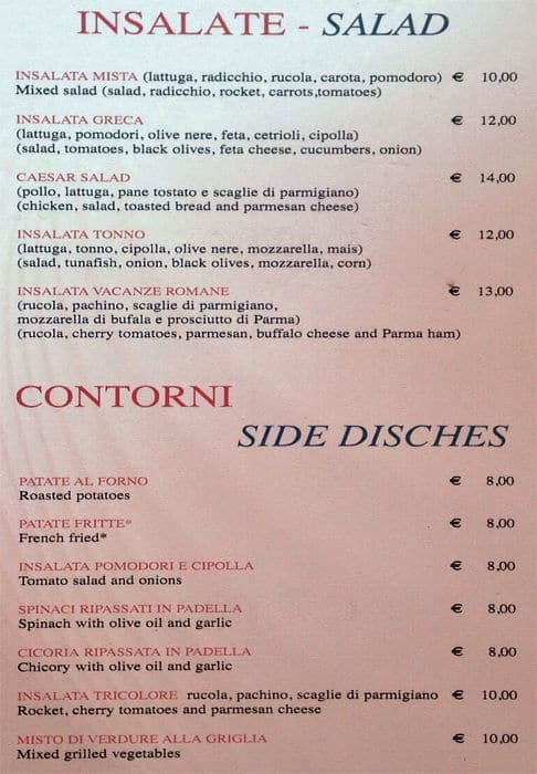 Menu di Vacanze Romane 