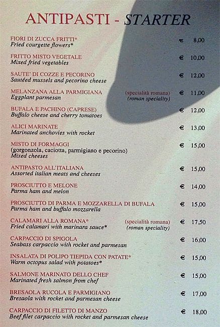 Menu di Vacanze Romane 