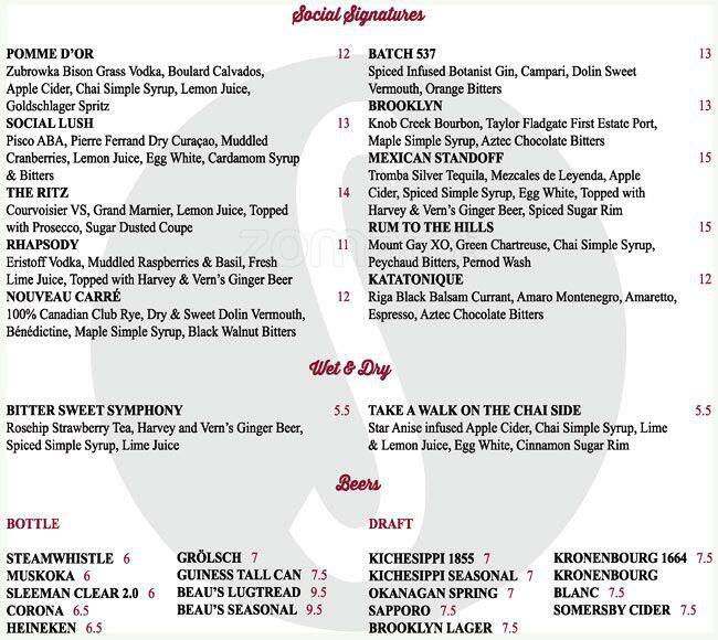 Social Menu, Menu for Social, ByWard Market, Ottawa Urbanspoon/Zomato