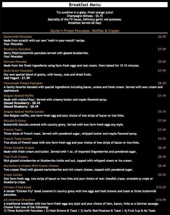 Francis Xavier's Menu, Menu for Francis Xavier's, Gresham, Gresham