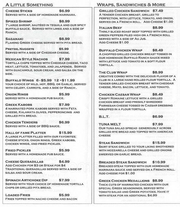 Menu at Hall of Fame Sports Grill pub & bar, Lyons