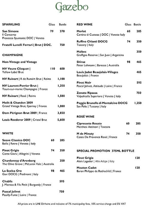 Menu at Gazebo restaurant, Dubai, 4th Street