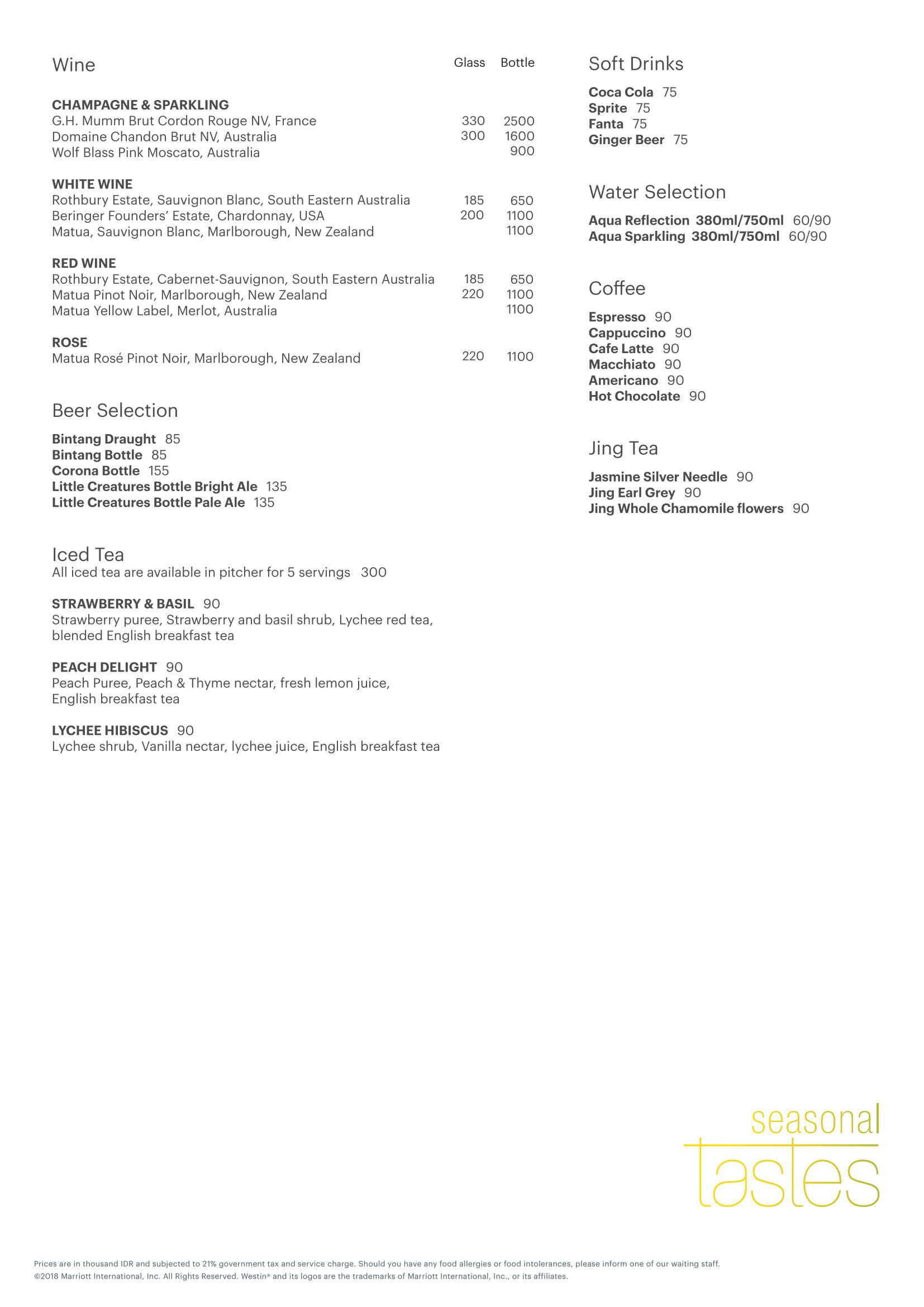 Seasonal Tastes The Westin Jakarta Menu