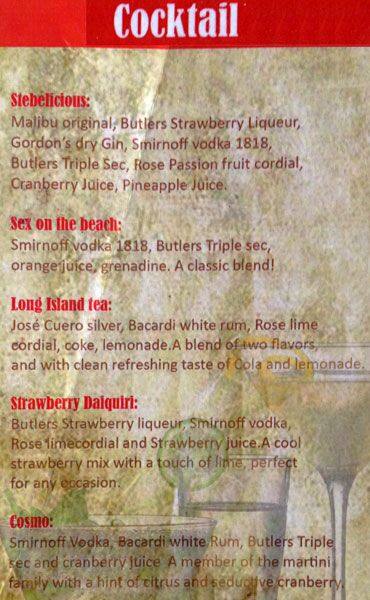 Setebe's Lounge menu