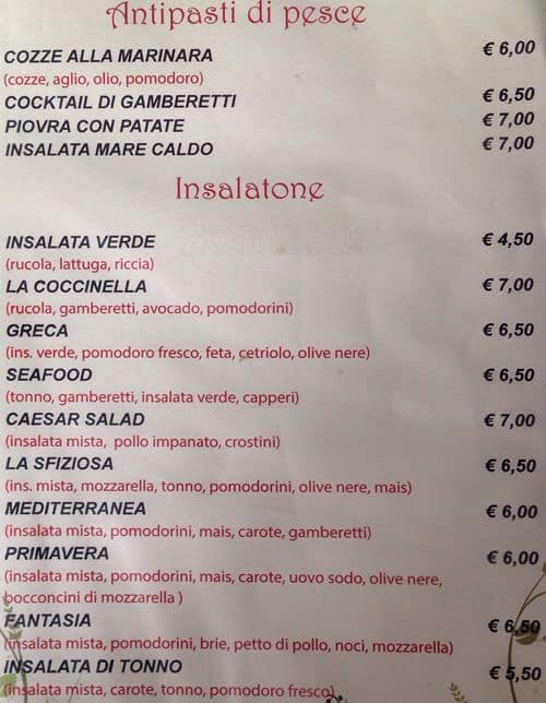 Menu di La Coccinella 