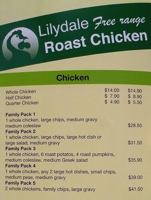 Menu at Lilydale Free Range Roast Chicken fast food, Doreen