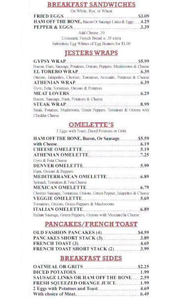 Jester's Fast Food menu
