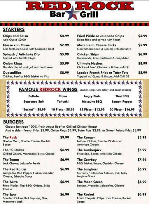 Redrock Bar and Grill Menu, Menu de Redrock Bar and Grill, Far North