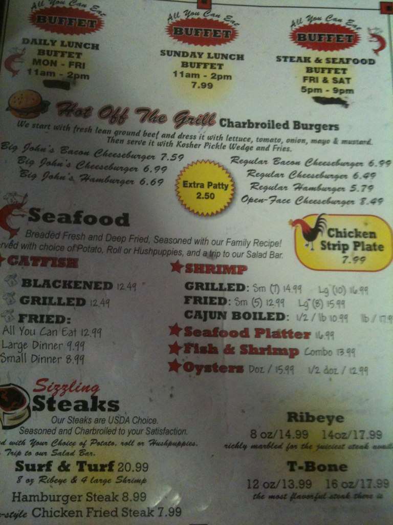 Menu at Big Johns Steak & Seafood steakhouse, Rayville