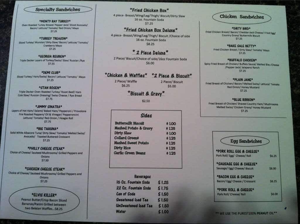 Menu at Dirty Bird restaurant,