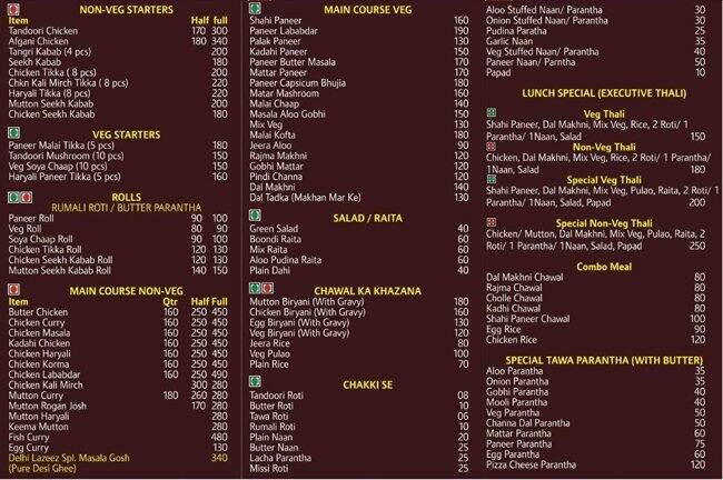 Delhi Lazeez Menu, Menu For Delhi Lazeez, East Of Kailash, New Delhi 