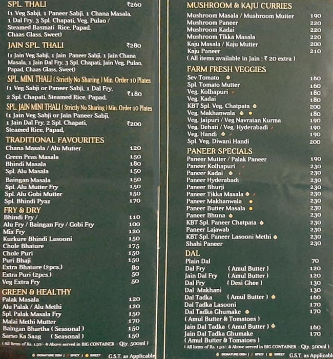 K Bhagat Tarachand, Zaveri Bazaar menu