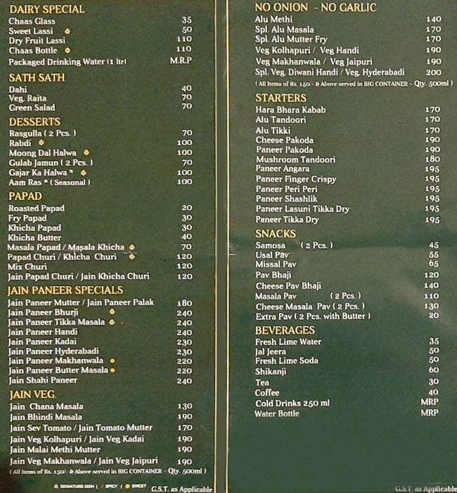 K Bhagat Tarachand, Zaveri Bazaar menu