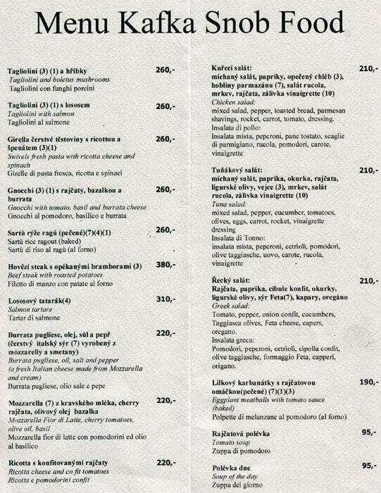 Menu at Kafka Hummus Cafe, Prague