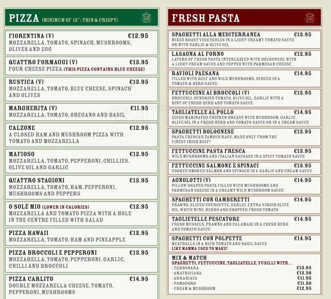 Pasta Fresca Menu, Menu for Pasta Fresca, South City West, Dublin