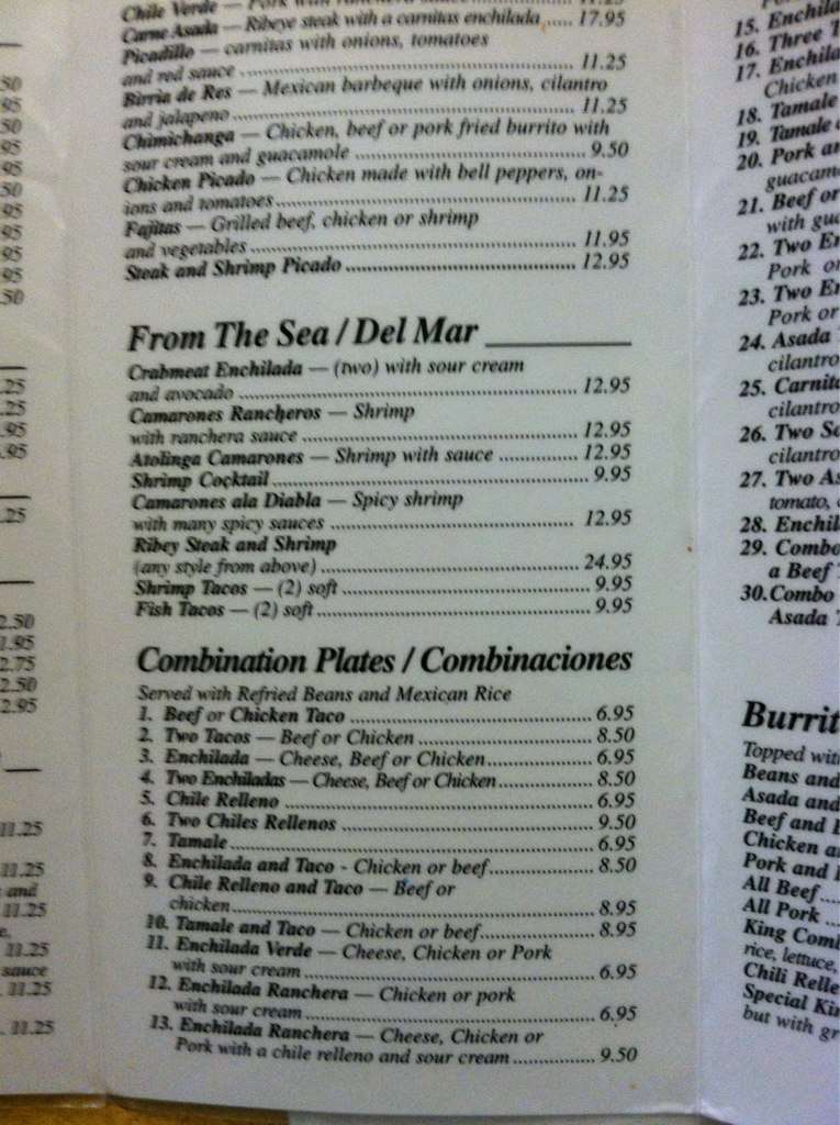 Menu at Chiquita Bonita restaurant, Pasadena