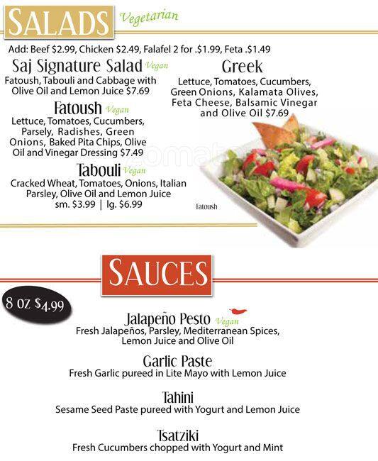 Menu at Saj Mediterranean Grill restaurant, Centennial, S York St