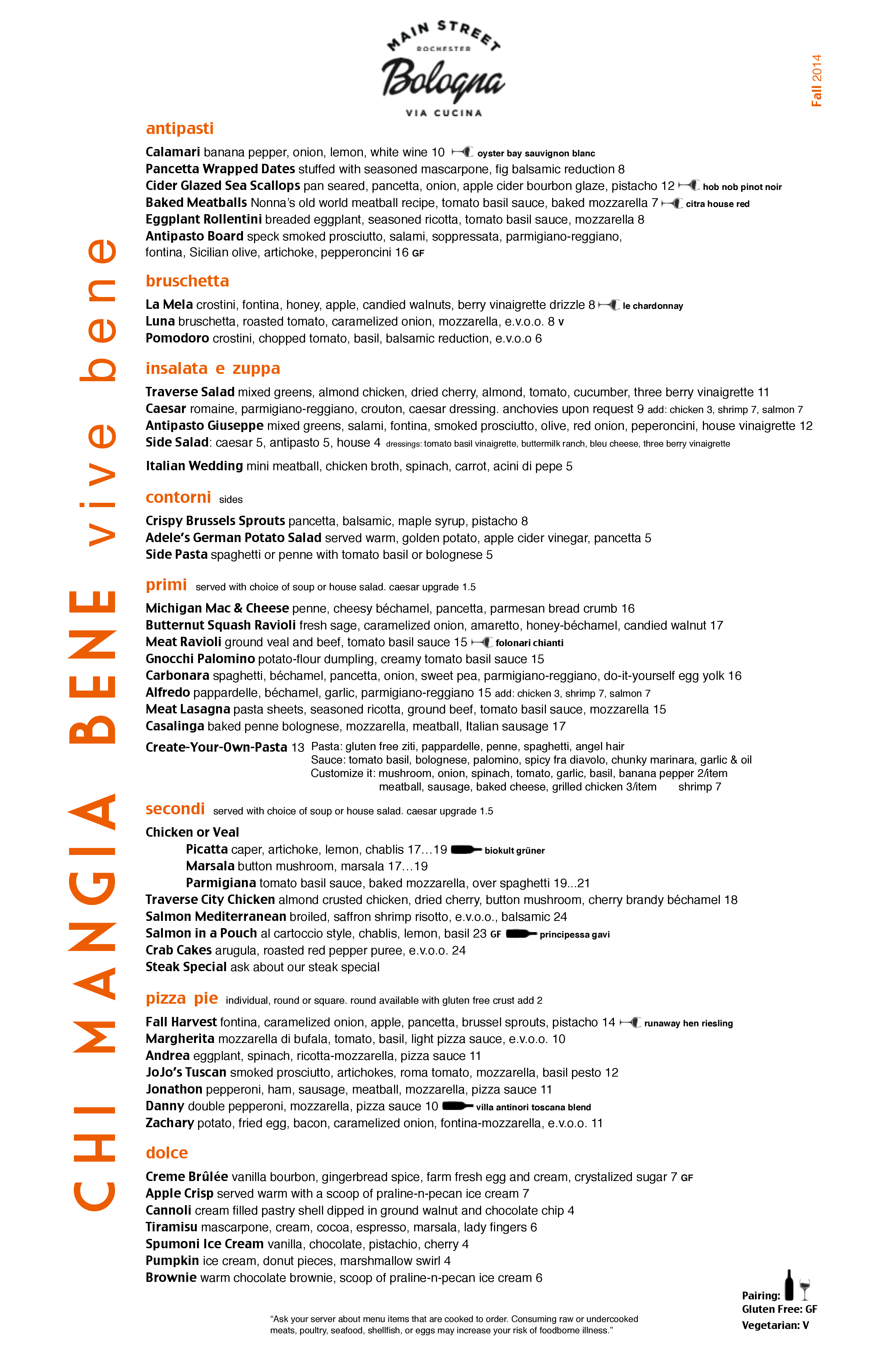 Bologna Via Cucina Menu, Menu for Bologna Via Cucina, Rochester Hills