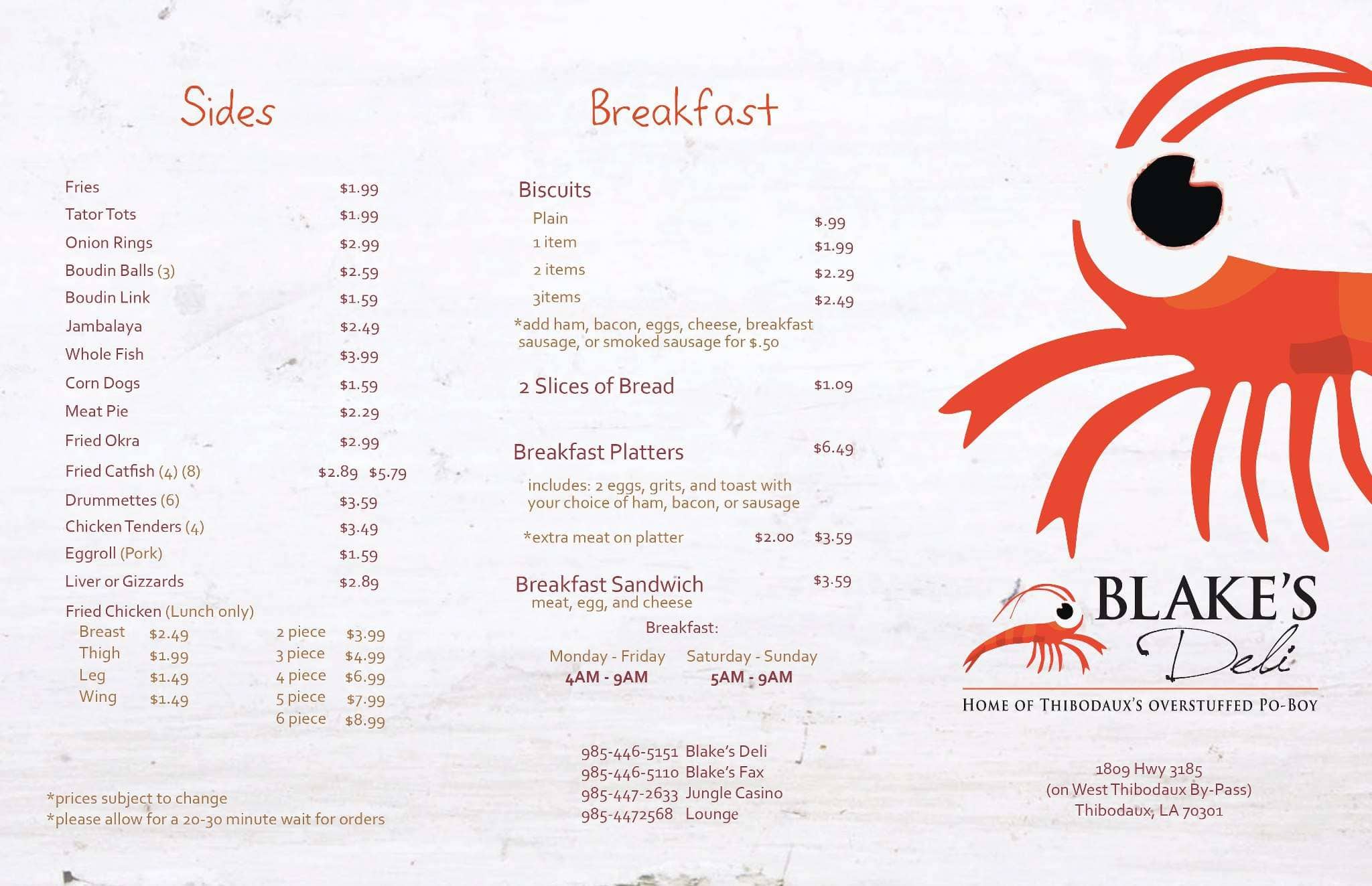 Menu at Blake's Deli fast food, Thibodaux