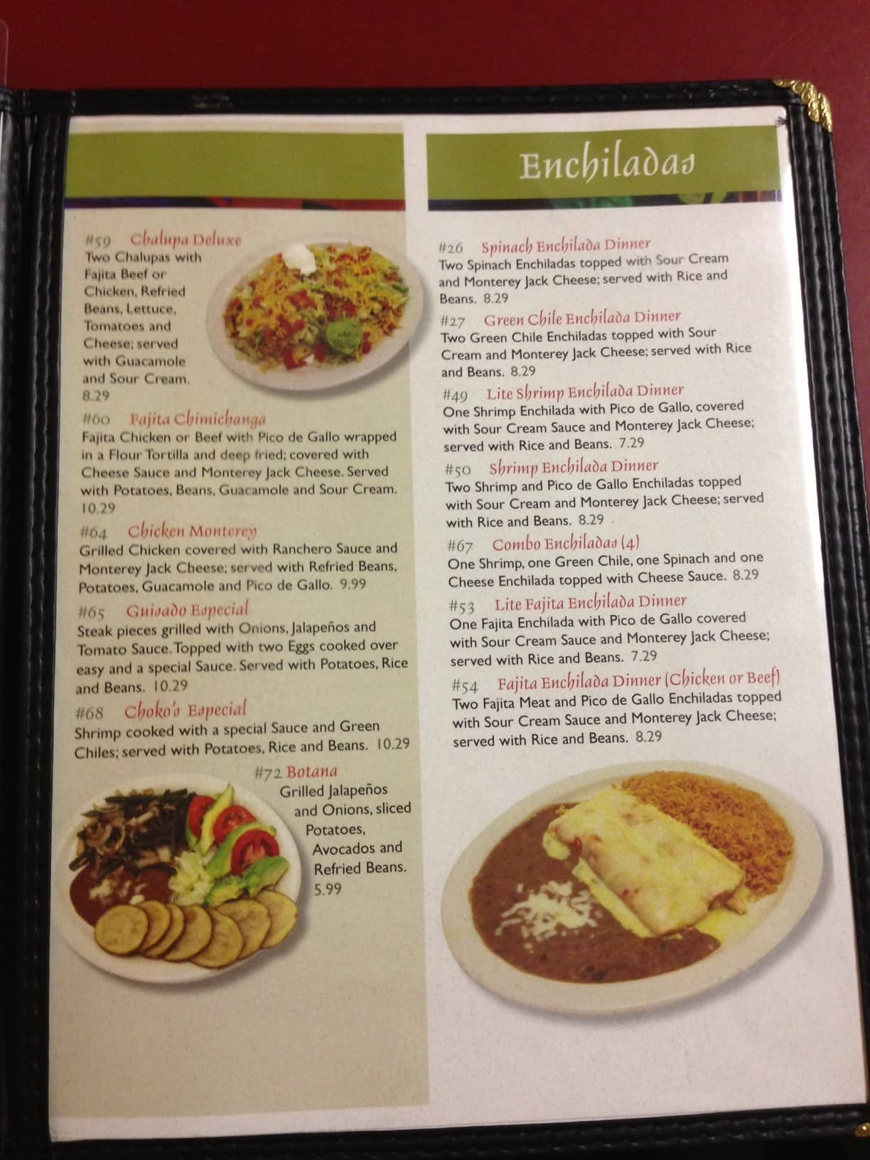 Menu at Abuelita's restaurant, Sulphur