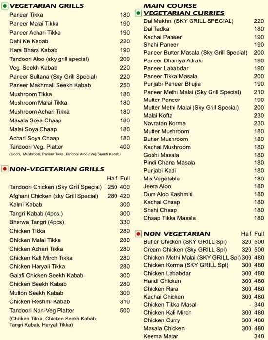 Sky Grill a Noida: Foto del Menu con Prezzi - Zomato