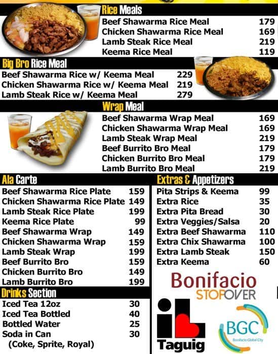 Shawarma Bros Menu, Menu for Shawarma Bros, Bonifacio Global City