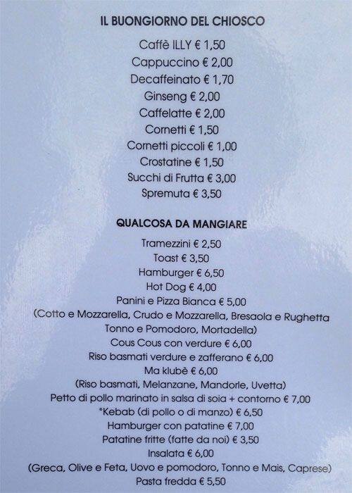 Menu di Il Chiosco di fronte all'Auditorium 