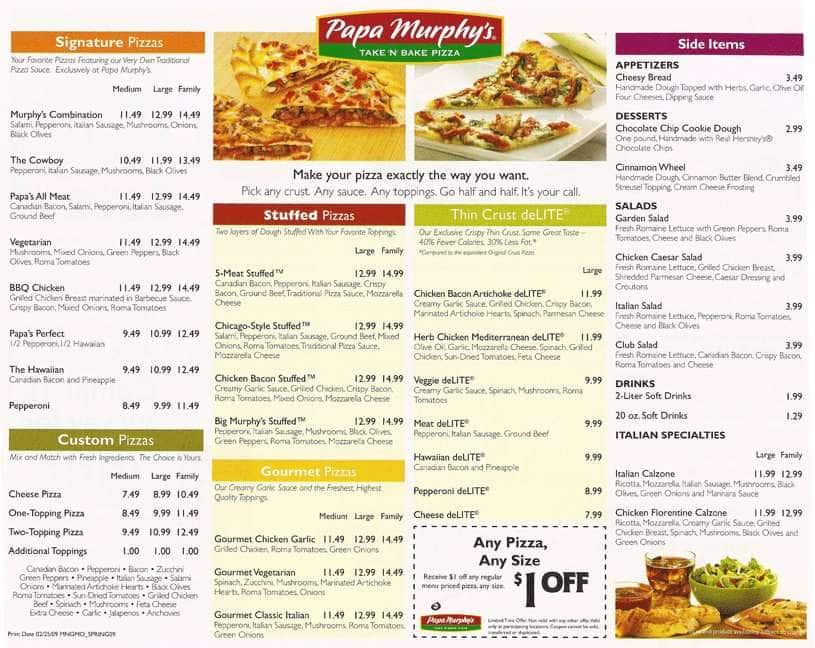 Papa Murphy s Pizza Menu Menu For Papa Murphy s Pizza Northeast Phoenix Phoenix Urbanspoon