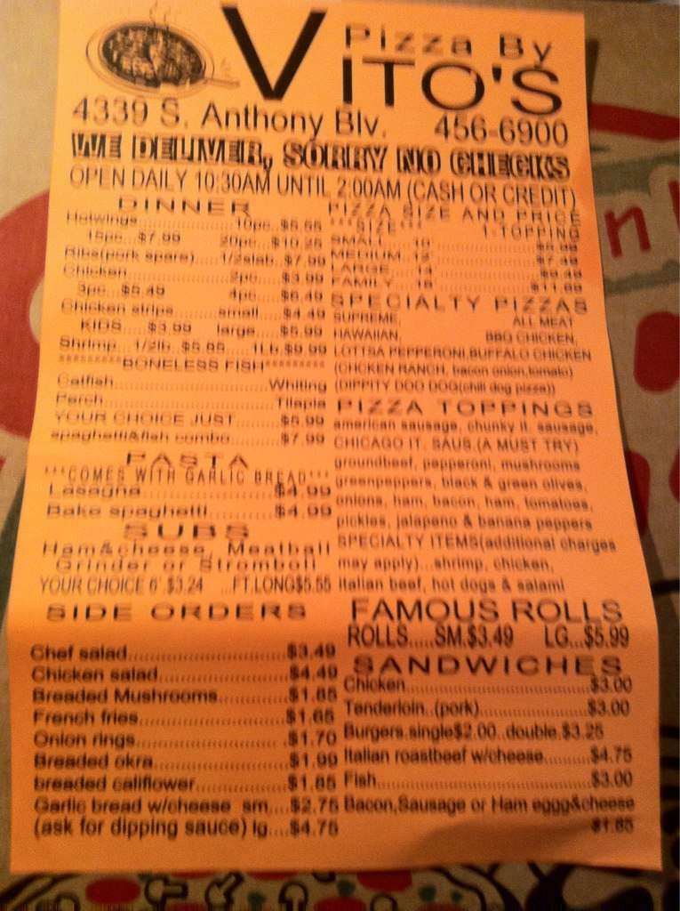 Pizza By Vito's Menu, Menu for Pizza By Vito's, Fort Wayne, Fort Wayne