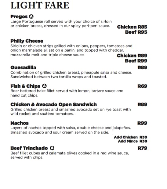 Menu at The Rock Kyalami restaurant, Midrand