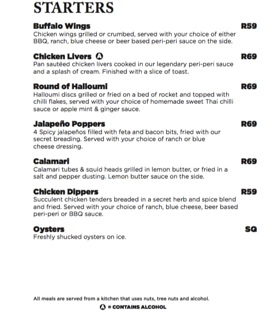 Menu at The Rock Kyalami restaurant, Midrand