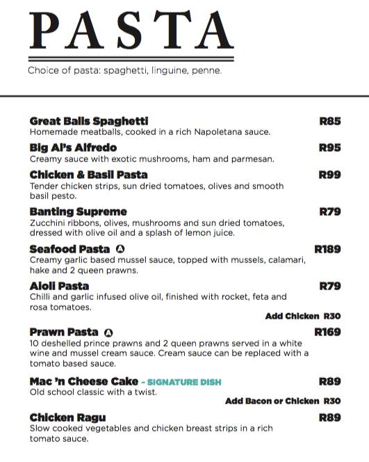 Menu at The Rock Kyalami restaurant, Midrand