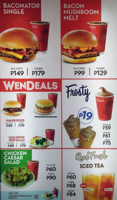 Menu at Wenphil Corporation (Wendy's) restaurant, Muntinlupa