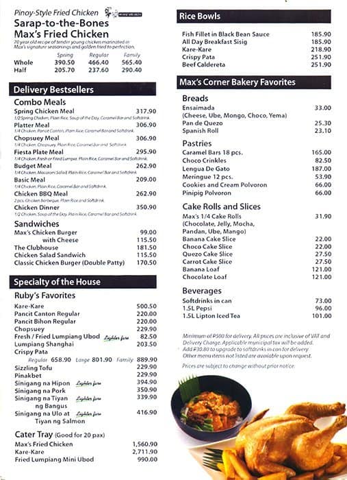 Max's Restaurant Menu, Menu for Max's Restaurant, Diliman, Quezon City