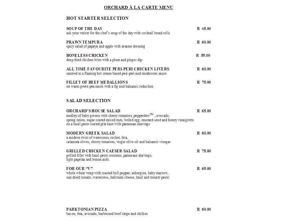 The Orchards Restaurant Protea Hotel Parktonian Menu Zomato SA