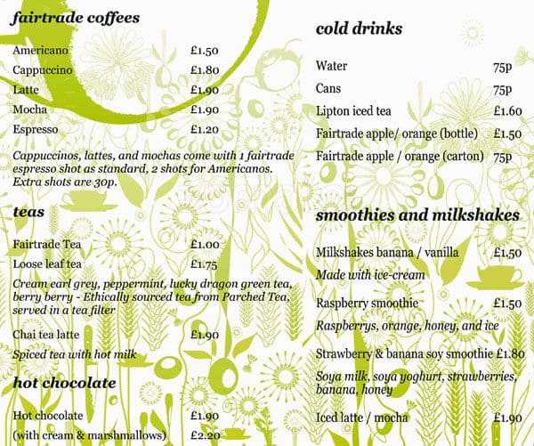 Menu at Levenshulme Inspire cafe, Manchester