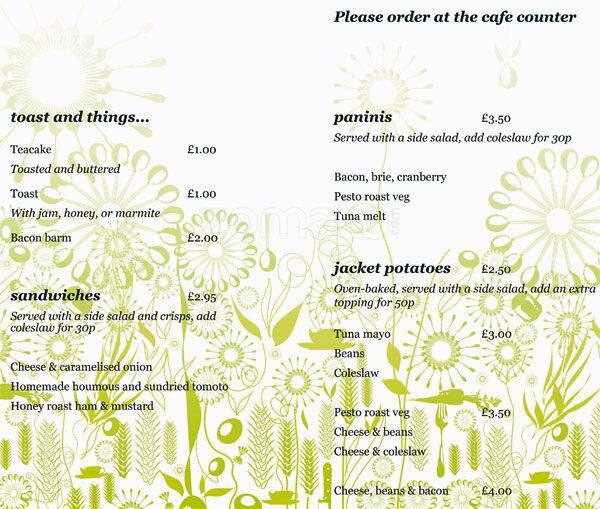 Menu at Levenshulme Inspire cafe, Manchester