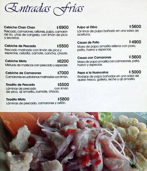 Menu at Restaurante Chan Chan, Santiago