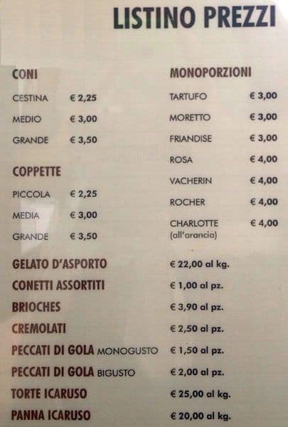 Menu di Gelateria I Caruso Flaminio 