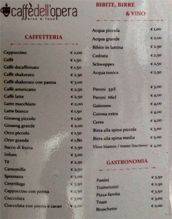 Menu at Opera Italiana Gelateria pub & bar, Rome