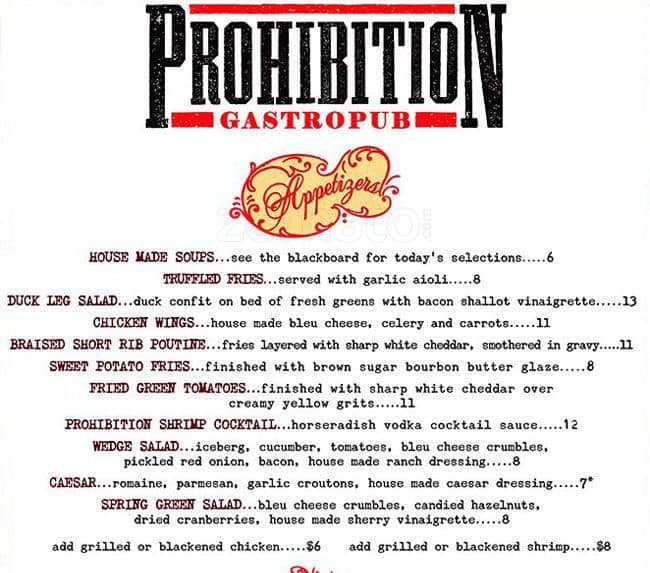 Prohibition Gastropub Menu Menu For Prohibition Gastropub Everett