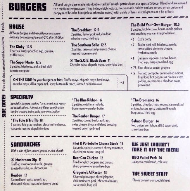 Menu at Sidecar Bar & Grille, Philadelphia